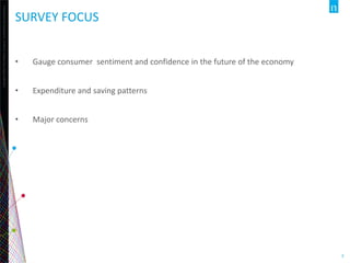 Copyright©2013TheNielsenCompany.Confidentialandproprietary.
3
SURVEY FOCUS
• Gauge consumer sentiment and confidence in the future of the economy
• Expenditure and saving patterns
• Major concerns
 