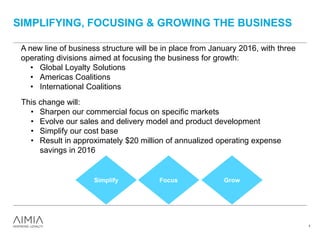 SIMPLIFYING, FOCUSING & GROWING THE BUSINESS
7
A new line of business structure will be in place from January 2016, with three
operating divisions aimed at focusing the business for growth:
• Global Loyalty Solutions
• Americas Coalitions
• International Coalitions
This change will:
• Sharpen our commercial focus on specific markets
• Evolve our sales and delivery model and product development
• Simplify our cost base
• Result in approximately $20 million of annualized operating expense
savings in 2016
Simplify Focus Grow
 