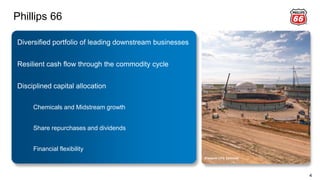 Phillips 66
4
Diversified portfolio of leading downstream businesses
Resilient cash flow through the commodity cycle
Disciplined capital allocation
Chemicals and Midstream growth
Share repurchases and dividends
Financial flexibility
Freeport LPG Terminal
 