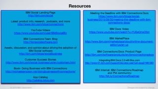 © 2016 IBM Corporation Designs are subject to change
Resources
Meeting the Deadline with IBM Connections Docs
https://www.ibm.com/blogs/social-
business/2015/09/30/meeting-the-deadline-with-ibm-
connections-docs/
IBM Docs Video
https://www.youtube.com/watch?v=YUEeQmxO0j4
IBM MarketPlace
http://www.ibm.com/marketplace/cloud/online-document-
editor/us/en-us
IBM Connections Docs Product Page
http://ibm.com/software/products/en/ibmconnectionsdocs
Integrating IBM Docs 2.0 with Box.com
http://www-01.ibm.com/support/docview.wss?uid=swg21981293
IBM Social Landing Page
http://ibm.com/social
Latest product info,research, podcasts, and more
http://www.ibm.com/lotus/connections
YouTube Videos
https://www.youtube.com/user/IBMSocialBiz
IBM Connections Team Blog
http://ibmsocialsoftware.com
Assets, discussion, and opinion about driving the adoption of
IBM Social software
http://ibm.com/blogs/socialbusiness
Customer Success Stories
http://www.ibm.com/social-business/us/en/customers.html
Book- Doing Business with IBM Connections
http://michaelsampson.net/doingbusinesswithconnections/
App Catalog
http://catalog.lotus.com
IBM Internal: IBM Connections Roadmap
and PM community:
http://bit.ly/ConnectionsRoadmap
 
