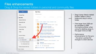 © 2016 IBM Corporation Designs are subject to change
• Drag & drop files to nested
folders: Select a file or
folder and drop it onto a
folder.
• Files larger than 2GB can
be uploaded to IBM
Connections (Note: when
using the desktop plug-in,
the upper limit is 2 GB)
• Performance
enhancements for file sync
- the server pushes file
changes to client devices
Files enhancements
Drag & Drop for nested folders in personal and community files
 