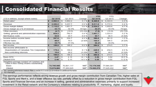 Consolidated Financial Results
1 – Key operating performance measure. Refer to section 9.3.1 in the Q2 2016 MD&A for additionalinformation.
2 – Not meaningful.
The earnings performance reflects strong revenue growth and gross margin contribution from Canadian Tire, higher sales at
FGL Sports and Mark’s, and a lower effective tax rate; partially offset by a reduction in gross margin contribution from FGL
Sports and Financial Services and an increase in selling, general and administrative expenses primarily to support increased
investment in the Retail network and the Company’s initiatives relating to productivity, IT, marketing, digital, and loyalty.
 