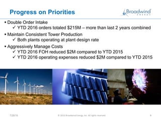 Progress on Priorities
7/28/16 © 2016 Broadwind Energy, Inc. All rights reserved. 4
 Double Order Intake
 YTD 2016 orders totaled $215M – more than last 2 years combined
 Maintain Consistent Tower Production
 Both plants operating at plant design rate
 Aggressively Manage Costs
 YTD 2016 FOH reduced $2M compared to YTD 2015
 YTD 2016 operating expenses reduced $2M compared to YTD 2015
 