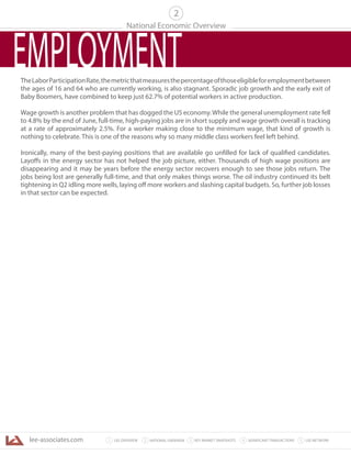 lee-associates.com 31 LEE OVERVIEW KEY MARKET SNAPSHOTS 5 LEE NETWORKNATIONAL OVERVIEW2 4 SIGNIFICANT TRANSACTIONS
TheLaborParticipationRate,themetricthatmeasuresthepercentageofthoseeligibleforemploymentbetween
the ages of 16 and 64 who are currently working, is also stagnant. Sporadic job growth and the early exit of
Baby Boomers, have combined to keep just 62.7% of potential workers in active production.
Wage growth is another problem that has dogged the US economy.While the general unemployment rate fell
to 4.8% by the end of June, full-time, high-paying jobs are in short supply and wage growth overall is tracking
at a rate of approximately 2.5%. For a worker making close to the minimum wage, that kind of growth is
nothing to celebrate. This is one of the reasons why so many middle class workers feel left behind.
Ironically, many of the best-paying positions that are available go unfilled for lack of qualified candidates.
Layoffs in the energy sector has not helped the job picture, either. Thousands of high wage positions are
disappearing and it may be years before the energy sector recovers enough to see those jobs return. The
jobs being lost are generally full-time, and that only makes things worse. The oil industry continued its belt
tightening in Q2 idling more wells, laying off more workers and slashing capital budgets. So, further job losses
in that sector can be expected.
National Economic Overview
2
EMPLOYMENT
 