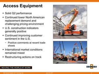 MOVING THE WORLD AT WORK
Access Equipment
 Solid Q2 performance
 Continued lower North American
replacement demand and
challenging pricing environment
 U.S. construction indicators
generally positive
 Continued improving customer
sentiment in the U.S.
− Positive comments at recent trade
shows
 International market conditions
remained mixed
 Restructuring actions on track
April 26, 2017OSK Second Quarter 2017 Earnings Call 4
 