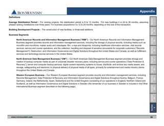 www.ironmountain.com Selected metric definitions are available in the Appendix
Appendix
Definitions
Average Stabilization Period – For racking projects, the stabilization period is 8 to 12 months. For new buildings it is 24 to 36 months, assuming
phased racking installations over three years. For business acquisitions it is 12 to 24 months, depending on the size of the transaction.
Building Development Projects – The construction of new facilities, or three-wall additions.
Business Segments
North American Records and Information Management Business (“RIM”) – Our North American Records and Information Management
Business segment provides records and information management services, including the storage of physical records, including media such as
microfilm and microfiche, master audio and videotapes, film, x-rays and blueprints, including healthcare information services, vital records
services, service and courier operations, and the collection, handling and disposal of sensitive documents for corporate customers (“Records
Management”); Destruction; and Information Governance and Digital Solutions throughout the United States and Canada; as well as fulfillment
services and technology escrow services in the United States.
North American Data Management Business (“DM”) – Our North American Data Management Business segment provides storage and
rotation of backup computer media as part of corporate disaster recovery plans, including service and courier operations (“Data Protection &
Recovery”); server and computer backup services; digital content repository systems to house, distribute, and archive key media assets; and
storage, safeguarding and electronic or physical delivery of physical media of all types, primarily for entertainment and media industry clients
throughout the United States and Canada.
Western European Business – Our Western European Business segment provides records and information management services, including
Records Management, Data Protection & Recovery and Information Governance and Digital Solutions throughout Austria, Belgium, France,
Germany, Ireland, the Netherlands, Spain, Switzerland and the United Kingdom (consisting of our operations in England, Northern Ireland and
Scotland), as well as Information Governance and Digital Solutions in Sweden (the remainder of our business in Sweden is included in the Other
International Business segment described on the following page).
39
Section 
VIII
Section
IX
Section
VII
Section
VI
Section
V
Section
IV
Section
III
Section
II
Section
I
Section
X
 