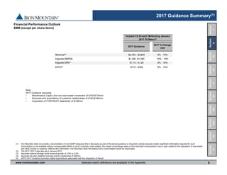 www.ironmountain.com Selected metric definitions are available in the Appendix
2017 Guidance Summary(1)
6
(1) Iron Mountain does not provide a reconciliation of non-GAAP measures that it discusses as part of its annual guidance or long term outlook because certain significant information required for such
reconciliation is not available without unreasonable efforts or at all, including, most notably, the impact of exchange rates on Iron Mountain’s transactions, loss or gain related to the disposition of real estate
and other income or expense. Without this information, Iron Mountain does not believe that a reconciliation would be meaningful.
(2) The 2017 C$ FX rate was set in January 2017.
(3) Assumes internal storage rental revenue growth of 2.5% to 3.0%.
(4) Assumes full year weighted average shares outstanding of 266mm.
(5) AFFO 2017 Guidance excludes capital expenditures associated with the integration of Recall.
Financial Performance Outlook
$MM (except per share items)
Section 
VIII
Section
IX
Section
VII
Section
VI
Section
V
Section
IV
Section
III
Section
II
Section
I
Section
X
Note:
2017 Guidance assumes:
• Maintenance CapEx and non-real estate investment of $150-$170mm
• Business and acquisitions of customer relationships of $160-$180mm
• Acquisition of FORTRUST datacenter of $128mm
Implied C$ Growth Reflecting January
2017 FX Rates(2)
2017 Guidance
2017 % Change
YOY
Revenue(3)
$3,750 - $3,840 8% - 10%
Adjusted EBITDA $1,250 -$1,280 16% - 19%
Adjusted EPS(4)
$1.15 - $1.25 8% - 18%
AFFO(5)
$715 - $760 8% - 15%
 