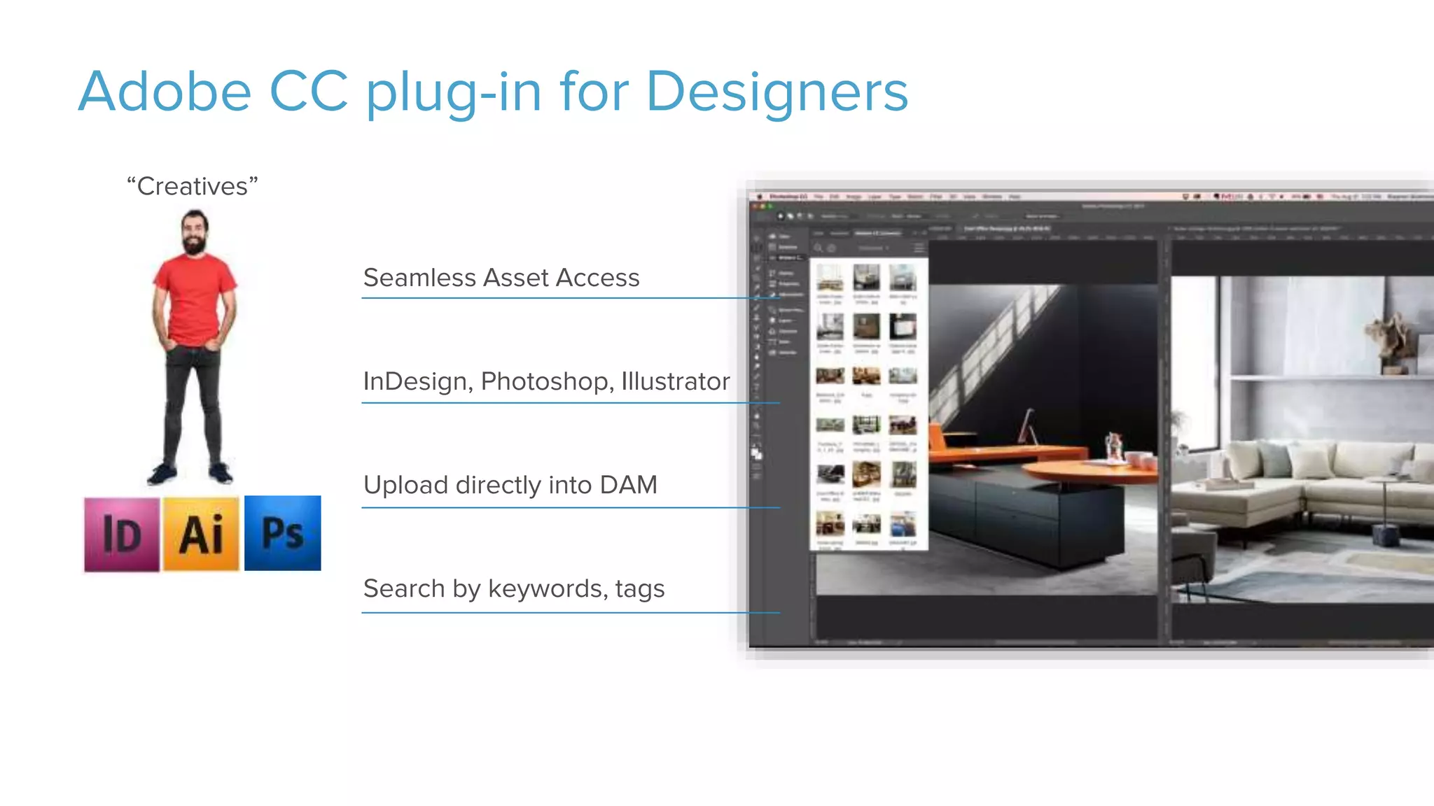 Adobe CC plug-in for Designers
Seamless Asset Access
InDesign, Photoshop, Illustrator
Upload directly into DAM
Search by keywords, tags
“Creatives”
 