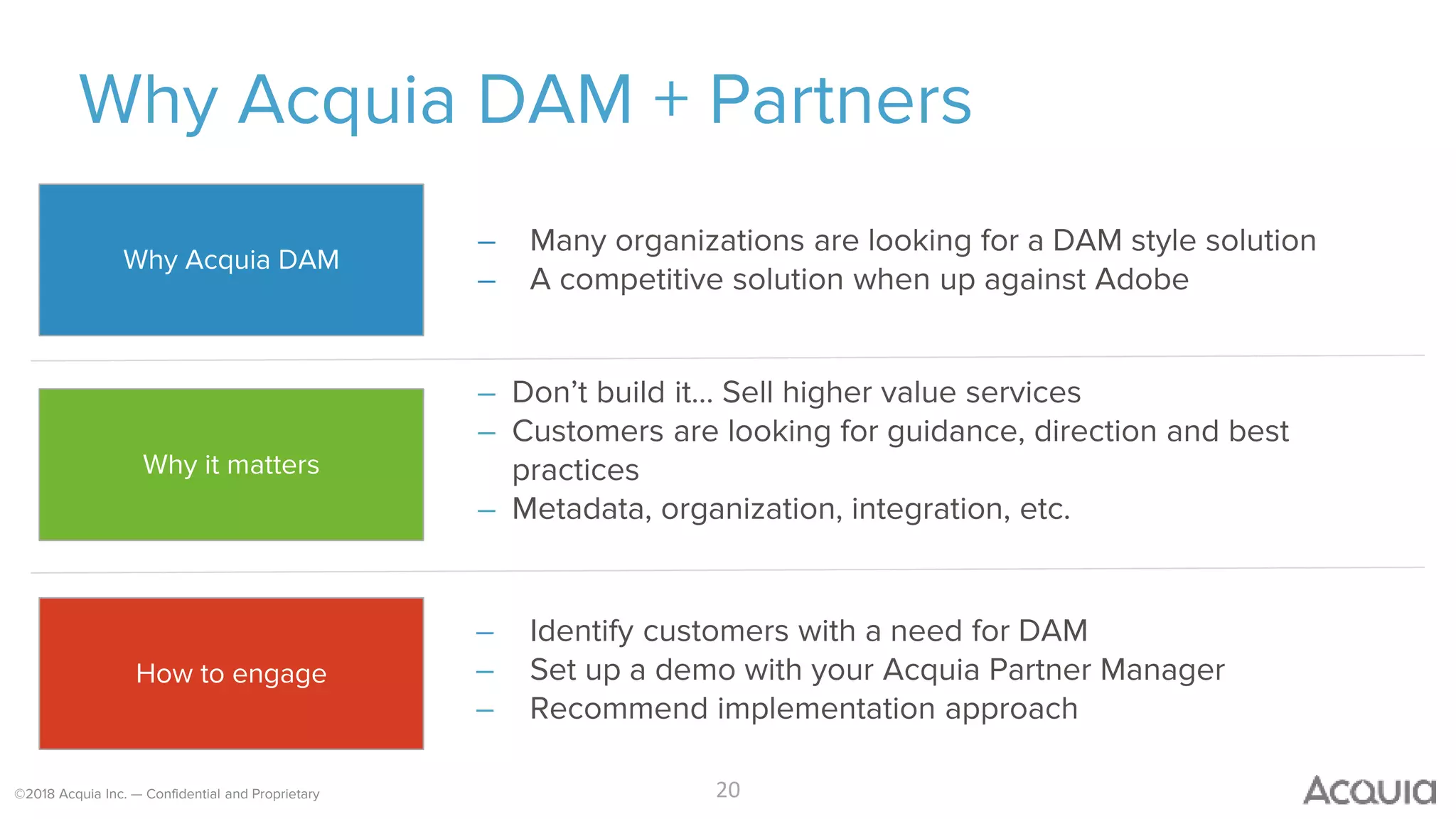 ©2018 Acquia Inc. — Confidential and Proprietary
Why Acquia DAM + Partners
– Many organizations are looking for a DAM style solution
– A competitive solution when up against Adobe
20
– Don’t build it… Sell higher value services
– Customers are looking for guidance, direction and best
practices
– Metadata, organization, integration, etc.
– Identify customers with a need for DAM
– Set up a demo with your Acquia Partner Manager
– Recommend implementation approach
Why Acquia DAM
Why it matters
How to engage
 