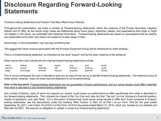 | Q2 ’18 Earnings Presentation
Disclosure Regarding Forward-Looking
Statements
Forward-Looking Statements and Factors That May Affect Future Results:
Throughout this presentation, we make a number of “forward-looking statements” within the meaning of the Private Securities Litigation
Reform Act of 1995. As the words imply, these are statements about future plans, objectives, beliefs, and expectations that might or might
not happen in the future, as contrasted with historical information. Forward-looking statements are based on assumptions that we believe
are reasonable but by their very nature are subject to a wide range of risks.
Accordingly, in this presentation, we may say something like:
“We expect that future revenue associated with the Process Equipment Group will be influenced by order backlog.”
That is a forward-looking statement, as indicated by the word “expect” and by the clear meaning of the sentence.
Other words that could indicate we are making forward-looking statements include:
This is not an exhaustive list, but is intended to give you an idea of how we try to identify forward-looking statements. The absence of any of
these words, however, does not mean that the statement is not forward-looking.
Here is the key point: Forward-looking statements are not guarantees of future performance, and our actual results could differ materially
from what is described in any forward-looking statements.
Any number of factors, many of which are beyond our control, could cause our performance to differ significantly from what is described in
the forward-looking statements. This includes the impact of the Tax Cuts and Jobs Act (the “Tax Act”) on the Company’s financial position,
results of operations, and cash flows. For a discussion of factors that could cause actual results to differ from those contained in forward-
looking statements, see the discussions under the heading “Risk Factors” in Item 1A of Part I of our Form 10-K for the year ended
September 30, 2017, and in Item 1A of Part II of the Form 10-Q for the period ended March 31, 2018, which are located on our website and
filed with the SEC. We assume no obligation to update or revise any forward-looking statements.
3
intend believe plan expect may goal would
become pursue estimate will forecast continue could
target encourage promise improve progress potential should
 