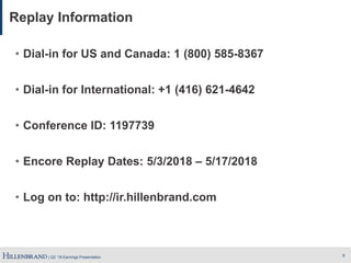 | Q2 ’18 Earnings Presentation
Replay Information
• Dial-in for US and Canada: 1 (800) 585-8367
• Dial-in for International: +1 (416) 621-4642
• Conference ID: 1197739
• Encore Replay Dates: 5/3/2018 – 5/17/2018
• Log on to: http://ir.hillenbrand.com
9
 