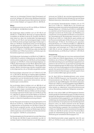 haben wir ein ehemaliges Cementir-Italia-Zementwerk auf-
grund der Auflagen der italienischen Wettbewerbsbehörde
verkauft. Die zahlungswirksamen Desinvestitionen beliefen
sich im ersten Halbjahr auf insgesamt 294 (i.V.: 80) Mio €.
Bilanz
Die Bilanzsumme hat sich zum 30. Juni 2018 um 730 Mio €
auf 35.288 (i.V.: 34.558) Mio € erhöht.
Die langfristigen Aktiva erhöhten sich um 431 Mio € auf
28.296 (i.V.: 27.865) Mio €. Bereinigt um negative Wechsel-
kurseffekte von 68 Mio € betrug die Zunahme 363 Mio €;
diese betraf vor allem die immateriellen Vermögenswerte
in Höhe von 221 Mio €, das Sachanlagevermögen in Höhe
von 76 Mio € und die sonstigen langfristigen Forderungen in
Höhe von 144 Mio €. Gegenläufig wirkte sich der Rückgang
des Aktivpostens für latente Steuern in Höhe von -74 Mio €
aus. Die Erhöhung der Geschäfts- oder Firmenwerte um 279
Mio € auf 11.385 (i.V.: 11.107) Mio € war neben den Wechsel­
kurseffekten von 73 Mio € vornehmlich auf Änderungen des
Konsolidierungskreises zurückzuführen.
Die Erhöhung der Sachanlagen um 69 Mio € auf 12.883 (i.V.:
12.814) Mio € resultierte im Wesentlichen aus Änderungen
des Konsolidierungskreises von 202 Mio € und Sachanlagen-
zugängen von 410 Mio €, denen Sachanlagenabgänge von
15 Mio €, Abschreibungen von 521 Mio €, Wertminderungen
von 18 Mio € und Wechselkurseffekte von -7 Mio € gegenüber
standen. Weitere Veränderungen betrafen Umgliederungen
zu Vermögenswerten, die zur Veräußerung gehalten werden.
Die Finanzanlagen reduzierten sich um 12 Mio € auf 2.169
(i.V.: 2.181) Mio €. Bereinigt um negative Währungseffekte
von 4 Mio € belief sich der Rückgang auf 8 Mio €; dieser ist
hauptsächlich auf die Veränderung der Anteile an Gemein-
schaftsunternehmen, assoziierten Unternehmen und der
Aus­leihungen zurückzuführen.
Die kurzfristigen Aktiva erhöhten sich um 385 Mio € auf
6.978 (i.V.: 6.593) Mio €. Die Forderungen aus Lieferungen
und Leistungen stiegen saisonbedingt um 593 Mio € auf
2.390 (i.V.: 1.798) Mio €. Ebenso erhöhten sich die sonstigen
kurzfristigen operativen Forderungen um 216 Mio € auf 762
(i.V.: 546) Mio €, während die liquiden Mittel um 532 Mio €
auf 1.577 (i.V.: 2.109) Mio € abnahmen. Die Veränderungen
werden im Abschnitt Kapitalflussrechnung erläutert.
Auf der Passivseite verminderte sich das Eigenkapital um 75
Mio € auf 15.978 (i.V.: 16.052) Mio €. Die Verringerung ist
im Wesentlichen auf Dividenden von 542 Mio €, wovon 491
Mio € bereits ausgezahlt wurden, auf das Gesamtergebnis
der Periode von 613 Mio € sowie auf Änderungen des Kon­
solidierungskreises und von Anteilen an Tochterunternehmen
von insgesamt -134 Mio € zurückzuführen.
DasGesamtergebnisderPeriodesetztsichausdemÜberschuss
der Periode von 435 Mio € sowie vornehmlich aus den im
sonstigen Ergebnis erfassten Gewinnen aus der Währungsum-
rechnung von 76 Mio €, den versicherungs­mathematischen
Gewinnenvon103Mio €unddenVerlustendernachderEquity-­
Methode bilanzierten Unternehmen von 8 Mio € zusammen.
Die verzinslichen Verbindlichkeiten erhöhten sich um 771
Mio € auf 11.595 (i.V.: 10.824) Mio €. Die Zunahme der
Netto­finanzschulden (verzinsliche Verbindlichkeiten abzüglich
flüssiger Mittel) um 1.275 Mio € auf 9.970 (i.V.: 8.695) Mio €
ist ursächlich auf die Finanzierung der saison- und umsatz-
bedingten Zunahme der Forderungen, den Mittelfluss aus
Investitionen und die gezahlten Dividenden zurückzuführen.
Der Gesamtbetrag der Rückstellungen reduzierte sich um
93 Mio € auf 2.543 (i.V.: 2.636) Mio €; davon entfielen auf
die Pensionsrückstellungen 23 Mio € und auf die sonstigen
Rückstellungen 70 Mio €. Die Er­höhung der operativen
Verbindlichkeiten um 117 Mio € auf 4.500 (i.V.: 4.383) Mio €
betrifft vornehmlich die Zunahme der Verbindlichkeiten aus
Lieferungen und Leistungen um 77 Mio € auf 2.358 (i.V.:
2.281) Mio € und der sonstigen kurzfristigen operativen
Verbindlichkeiten um 29 Mio € auf 1.520 (i.V.: 1.491) Mio €.
Finanzierung
Am 12. Januar 2018 haben wir eine neue syndizierte Kredit-
linie in Höhe von 3 Mrd € abgeschlossen, um die bisherige
Kreditlinie, die im Februar 2019 abgelaufen wäre, abzulösen.
Unter Berücksichtigung von zwei Verlängerungsoptionen um
jeweils ein Jahr konnten wir uns die historisch günstigen Re-
finanzierungsbedingungen bis 2025 sichern. Die Kreditmarge
wurde je nach Verschuldungsgrad um 20 bis 35 Basispunkte
gesenkt. Die syndizierte Kreditlinie ist als Liquiditätsreserve
gedacht und kann für Barziehungen und Avale sowohl in Euro
als auch anderen Währungen genutzt werden.
Am 24. April 2018 hat HeidelbergCement unter seinem
10 Mrd € EMTN-Programm eine Euroanleihe mit einem
Emissions­volumen von 750 Mio € und einer zehnjährigen
Laufzeit bis 24. April 2028 begeben. Die Anleihe weist einen
Festzinsvon1,750%p.a.auf.DerAusgabekurslagbei98,870%,
womit sich eine Rendite von 1,875% ergab. Die Emissions-
erlöse werden zur allgemeinen Unternehmensfinanzierung
und zur Rückzahlung anstehender Fälligkeiten verwendet.
Bei den in den Jahren 2009 und 2010 begebenen Anleihen
besteht gemäß den Anleihebedingungen eine Beschränkung
bezüglich der Neuaufnahme zusätzlicher Verschuldung, wenn
der konsolidierte Deckungsgrad (d.h. das Verhältnis des Ge-
samtbetrags des konsolidierten EBITDA zum Gesamtbetrag
des konsolidierten Zinsergebnisses) des HeidelbergCement
Konzerns unter 2 ist. Dieser Covenant ist bei den übrigen
Anleihen sowie Schuldscheindarlehen aufgrund des Invest­
ment Grade Ratings ausgesetzt. Das konsolidierte EBITDA
in Höhe von 3.256 Mio € und das konsolidierte Zinsergebnis
in Höhe von 422 Mio € werden auf einer Pro-forma-Basis
gemäß den Anleihebedingungen berechnet. Zum 30. Juni
2018 betrug der konsolidierte Deckungsgrad 7,72.
Die Nettofinanzschulden gingen gegenüber dem 30. Juni
2017 um 170 Mio € zurück und beliefen sich zum 30. Juni
3
HeidelbergCement | Halbjahresfinanzbericht Januar bis Juni 2018
 