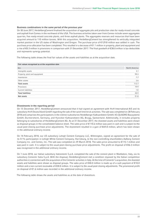 Business combinations in the same period of the previous year
On 30 June 2017, HeidelbergCement finalised the acquisition of aggregate pits and production sites for ready-mixed concrete
and asphalt from Cemex in the northwest of the USA. The business activities taken over from Cemex include seven aggregates
quarries, five ready-mixed concrete plants, and three asphalt plants. The aggregates reserves and resources that have been
acquired amount to 110 million tonnes. With this acquisition, HeidelbergCement has strengthened its vertically integrated
market position in the US states of Washington and Oregon. The purchase price of €129.8 million was settled in cash. The
purchase price allocation has been completed. This resulted in a decrease of €1.1 million in property, plant and equipment and
a rise of €0.3 million in provisions in comparison with 31 December 2017. The final goodwill of €38.0 million is tax-deductible
and represents synergy potential.
The following table shows the final fair values of the assets and liabilities as at the acquisition date.
Fair values recognised as at the acquisition date
€m North America
Intangible assets 3.1
Property, plant and equipment 99.3
Inventories 7.7
Other assets 2.6
Total assets 112.7
Provisions 19.9
Current liabilities 1.0
Total liabilities 20.9
Net assets 91.8
Divestments in the reporting period
On 15 December 2017, HeidelbergCement announced that it had signed an agreement with H+H International A/S and its
subsidiary H+H Deutschland GmbH regarding the sale of the sand-lime brick activities. The sale was completed on 28 ­February
2018 and comprises the participations in the indirect subsidiaries Heidelberger Kalksandstein GmbH, KS-QUADRO Bausysteme
GmbH, Durmersheim, Germany, and Hunziker Kalksandstein AG, Brugg, Switzerland. Additionally, it includes property
belonging to subsidiaries of HeidelbergCement AG. As at 31 December 2017, the divested assets and liabilities were shown
as disposal groups in the consolidated balance sheet. The sales price of €110.6 million was paid in cash and is subject to the
usual post-closing purchase price adjustments. The divestment resulted in a gain of €69.8 million, which has been shown
in the additional ordinary income.
On 14 February 2018, our US subsidiary Lehigh Cement Company LLC, Wilmington, signed an agreement for the sale of
its 51% participation in Lehigh White Cement Company, Harrisburg, to the non-controlling shareholders Aalborg Cement
Company Inc. and Cemex, Inc. The sale was completed on 29 March 2018. The sales price amounted to €115.1 million and
was paid in cash. It is subject to the usual post-closing purchase price adjustments. The profit on disposal of €46.3 million
was recognised in the additional ordinary income.
On 1 June 2018, our Italian subsidiary Italcementi S.p.A. completed the sale of the cement plant in Maddaloni, Italy, via its
subsidiary Cementir Italia S.p.A. With the disposal, HeidelbergCement met a condition imposed by the Italian competition
authorities in connection with the acquisition of the Cementir activities in Italy. At the time of Cementir’s acquisition, the divested
assets and liabilities were shown as disposal groups. The sales price of €40.0 million is made up of a cash payment of €10.0
million and a non-current receivable of €30.0 million. It is subject to the usual post-closing adjustments. The provisional profit
on disposal of €1.6 million was recorded in the additional ordinary income.
The following table shows the assets and liabilities as at the date of divestiture.
23
HeidelbergCement | Half-Year Financial Report January to June 2018
 