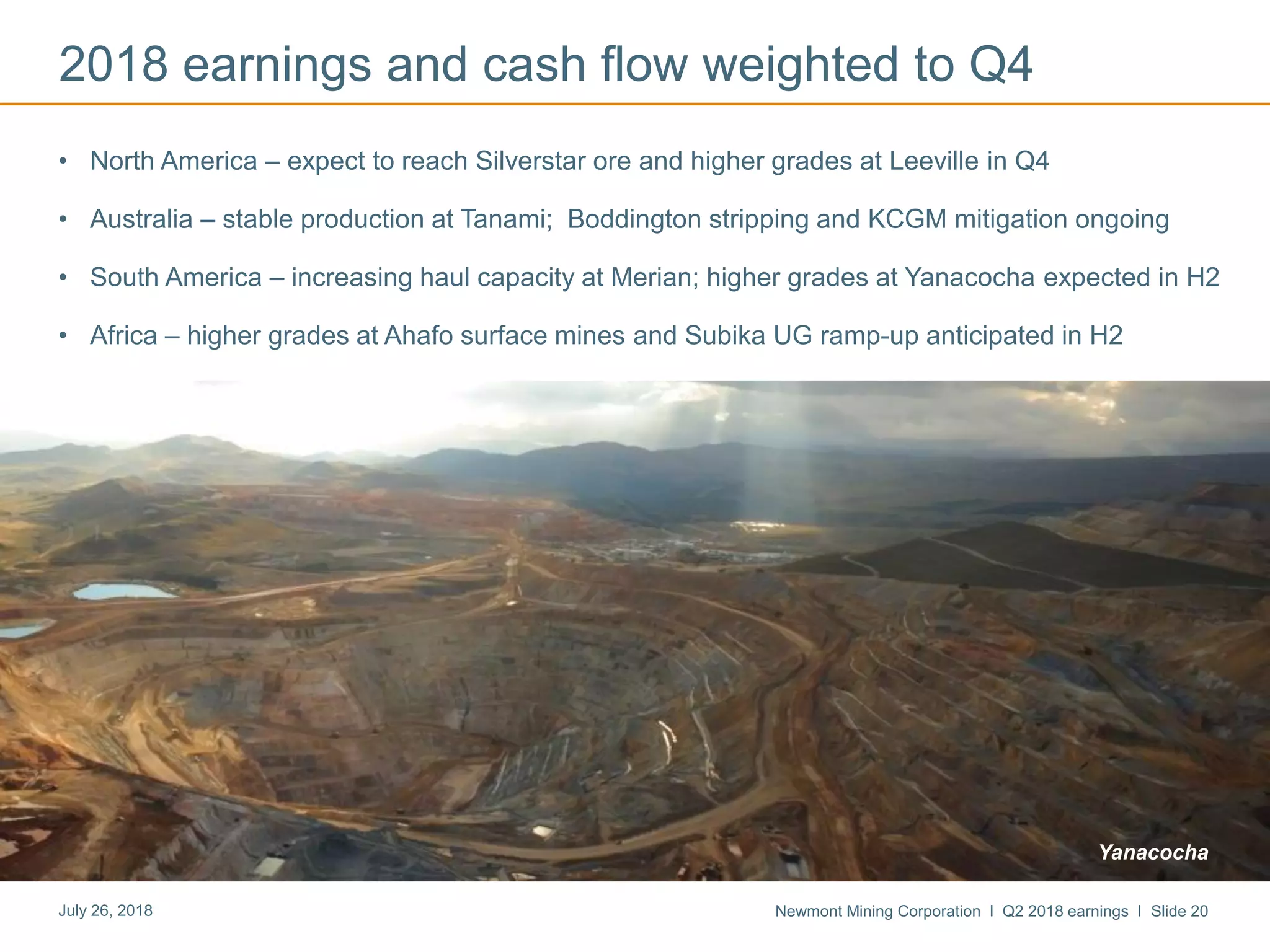 Newmont Mining Corporation I Q2 2018 earnings I Slide 20July 26, 2018
2018 earnings and cash flow weighted to Q4
• North America – expect to reach Silverstar ore and higher grades at Leeville in Q4
• Australia – stable production at Tanami; Boddington stripping and KCGM mitigation ongoing
• South America – increasing haul capacity at Merian; higher grades at Yanacocha expected in H2
• Africa – higher grades at Ahafo surface mines and Subika UG ramp-up anticipated in H2
Yanacocha
 