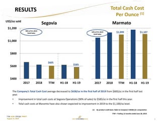7
TSX: GCM OTCQX: TPRFF
August 15, 2019
Total Cash Cost
Per Ounce (1)
RESULTS
117
89
$400
$600
$800
$1,000
$1,200
2017 2018 TTM H1-18 H1-19
Segovia
$605
US$/oz sold
$585
The Company’s Total Cash Cost average decreased to $638/oz in the first half of 2019 from $683/oz in the first half last
year.
• Improvement in total cash costs at Segovia Operations (90% of sales) to $585/oz in the first half this year.
• Total cash costs at Maramto have also shown expected to improvement in 2019 to the $1,100/oz level.
(1) By-product credit basis. Refer to Company’s MD&A for computation.
2017 2018 TTM H1-18 H1-19
Marmato
$1,107$1,09910% of H1-2019
Gold Sales
90% of H1-2019
Gold Sales
TTM = Trailing 12-months ended June 30, 2019.
 