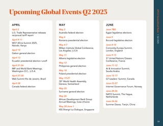 APCO
Geopolitical
Radar
|
Q2
2025
19
Upcoming Global Events Q2 2025
APRIL
April 2
U.S. Trade Representative releases
reciprocal tariff report
April 9-11
WCF Africa Summit 2025,
Nairobi, Kenya
April 12
Gabon general election
April 13
Ecuador presidential election runoff
April 21-26
IMF and World Bank Meetings,
Washington D.C., U.S.A
April 27-30
Web Summit Rio de Janeiro, Brazil
April 28
Canada federal election
MAY JUNE
May 3
Australia federal election
May 4
Romania presidential election
May 4-7
Milken Institute Global Conference,
Los Angeles, U.S.A
May 11
Albania legislative election
May 12
Philippines general election
May 18
Poland presidential election
May 19-27
78th
World Health Assembly,
Geneva, Switzerland
May 25
Suriname general election
May 26
African Development Bank Group
Annual Meetings, Cote d’Ivoire
May 30-June 1
IISS Shangri-La Dialogue, Singapore
June TBD
Egypt legislative elections
June 5
Burundi legislative election
June 8-10
Concordia Europe Summit,
London, England
June 9-13
3rd
United Nations Oceans
Conference, France
June 11-12
AI  Innovation Summit,
Saudia Arabia
June 15-17
G7 Leaders’ Summit, Canada
June 23-27
Internet Governance Forum, Norway
June 24-26
NATO Summit, The Hague,
Netherlands
June 24-26
Summer Davos, Tianjin, China
 