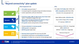 4
Q2 ‘21 RESULTS
“Beyond connectivity” plan update
TIM Group
What happened in Q2 KPIs
ESG
▪ CSI mobile improved further (1)
▪ Increased target for renewable energy and indirect emissions
▪ Leaner organization, with pre-retirements
CSI mobile +0.1% QoQ, after +0.5% in Q1
100% renewable by 2025 (from 51%)
~1k exits in H1; more planned in H2
Domestic
▪ Fixed lines stable, UBB net adds strong, churn lower QoQ
Serie A + Champions League from July
▪ Best mobile coverage and fastest 5G network in Italy (2)
Mobile churn lower QoQ (best in 14 years)
▪ ICT growth remains strong thanks to Group’s factories
Retail UBB net adds +231k (0.5m H1)
Churn 3.4% in fixed, 3.7% in mobile
ICT revenues +28.5% YoY
Group ▪ Revenues back to growth first time since Q3 2018
▪ Extraordinary investments to set foundation for growth
▪ Net debt AL -€ 3.7bn YoY, on track for ‘23 2.6x leverage target
Brazil
Service revenues +8.7% YoY, +5.4pp QoQ
ARPU +10.3% YoY
EBITDA (3) +6.4% YoY, +1.6pp QoQ
▪ Strong acceleration in revenues growth
▪ ARPU growth in all segments
▪ EBITDA growth higher QoQ
Revenues change YoY
(1) Customer Satisfaction Index Q2 ‘21 vs. Q1 ’21
(2) TIM awarded by Ookla for the best mobile coverage in Q1-Q2 2021 and top position for 5G speed, with a median download speed of 283 Mbps
(3) Net non-recurring items
0,2%
-10,1%
1,0%
Q3 Q4 Q1 Q2 Q3 Q4 Q1 Q2 Q3 Q4 Q1 Q2
2018 2019 2020 2021
 