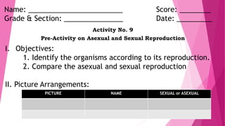 Name: ________________________ Score: ________
Grade & Section: _______________ Date: _________
Activity No. 9
Pre-Activity on Asexual and Sexual Reproduction
I. Objectives:
1. Identify the organisms according to its reproduction.
2. Compare the asexual and sexual reproduction
II. Picture Arrangements:
PICTURE NAME SEXUAL or ASEXUAL
 