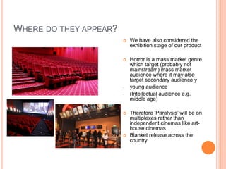 WHERE DO THEY APPEAR?
                           We have also considered the
                            exhibition stage of our product

                           Horror is a mass market genre
                            which target (probably not
                            mainstream) mass market
                            audience where it may also
                            target secondary audience y
                        -   young audience
                        -   (Intellectual audience e.g.
                            middle age)

                           Therefore ‘Paralysis’ will be on
                            multiplexes rather than
                            independent cinemas like art-
                            house cinemas
                           Blanket release across the
                            country
 