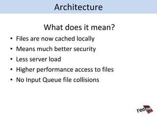 Architecture

             What does it mean?
•   Files are now cached locally
•   Means much better security
•   Less ser...