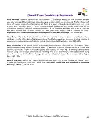 23
Microsoft Course Descriptions & Requirements
Word Advanced – Seminar topics includes instruction on: 1) Mail Merge creating the form document and the
data lists; sorting and filtering the data lists and merging to letters, labels and envelopes; 2) The Form feature of
Word will include creating form fields, check box fields, drop down fields and protecting the form from being
changed when shared or used; 3) Format enhancements of backgrounds; watermarks; and themes will be
covered and importing Excel charts into word documents. 4) The time same features of Macros will be taught as
well as 6) Creating long document features of Cover Pages; Index Pages; Table of Contents and more.
Participants must have Intermediate Word knowledge and/or equivalent knowledge. Cost: $129 Public
Word Basics – This is the first level of Microsoft Word and should be taken by those new to Word or those
needing a refresher of the basics. Topics taught: Using Word help, navigating a document; creating & editing a
document; Formatting; Using proofing tools; printing documents and adding clip art. Cost: $129 Public
Word Intermediate —This seminar focuses on 6 different features of word. 1) creating and Editing Word Tables;
2) document formatting through the use of Styles; 3) document formatting through the use of Outline and
Columns; 4) Using the Graphic features of diagrams, drawing tools, and Smart Art; 5) Working with document
revisions using Track Changes, Comments and restricting edits to the document; 6) Creating documents using
Word Templates and Building Blocks. Participants must have Word Basics knowledge or equivalent knowledge.
Cost: $129 Public
Word—Tables and Charts—This 2.5 hours seminar will cover topics that include: Creating and Editing Tables;
creating and formatting a chart from a word table. Participants should have basic experience or equivalent
knowledge in Word. Cost: $79 Public
**Eligible Small Business Participants Cost $0 for all courses
 
