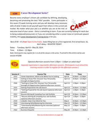 4
Career Development Series*
Become every employer’s dream job candidate by defining, developing,
becoming and presenting the best ‘YOU’ possible. Come participate in
this seven (7) week training series and you will develop many necessary
skills of what it takes to set yourself apart from others in the current job
market. No matter what your job is or whether you are at the mid- or
executive level of your career - there is something to learn. If you are currently looking for work due
to being outplaced/outsourced, or if you are considering either a career move or continued upward
mobility, the Career Development Training Series is for you.
Best of All – It’s Free! Open to the Public. Seats filling fast on a first registered, first served basis. So,
don’t delay – REGISTER TODAY!
Dates: Tuesdays, April 8 – May 20, 2014
Time: 8:30am – 12:30pm
Note: Participants may register for 1 or all of the classes in the series. To enroll in the entire series use
session # 6200
Optional afternoon sessions from 1:30pm – 3:30pm on select days*
Separate registration is required for afternoon sessions. (Participants must attend the
morning session in order to register for the afternoon session.)
Session # Course Tile Date Time
2552 Career Aspirations: What to Do While You’re Looking April 8 8:30am – 12:30pm
2553 Getting to Know YOU: Discover Your Personality
Strengths & Opportunities
April 15 8:30am – 12:30pm
2566 *Getting to Know YOU: Discover Your Personality
Strengths & Opportunities (optional afternoon session)
April 15 1:30pm – 3:30pm
2555 Getting Prepared for the Job Search April 22 8:30am – 12:30pm
2572 *Getting Prepared for the Job Search (optional afternoon
session)
April 22 1:30pm – 3:30pm
2557 Resume Writing & Compiling Your Job Portfolio April 29 8:30am – 12:30pm
2576 *Resume Writing & Compiling Your Job Portfolio
(optional afternoon session)
April 29 1:30pm – 3:30pm
2559 LinkedIn: How it Can Work for You May 6 8:30am – 12:30pm
2560 Interviewing Skills/Mastering the Interview May 13 8:30am – 12:30pm
2581 *Interviewing Skills/Mastering the Interview (optional
afternoon session)
May 13 1:30pm – 3:30pm
2562 Business Etiquette May 20 8:30am – 12:30pm
See course descriptions on page 20.
6200
 