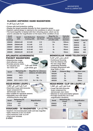 APLANATIC-ACHROMATIC
POCKET MAGNIFIERS
• Distortion-free image
• Anti-reﬂection coating
• Provides precise vision
for industrial and
low vision use
Item#
Refracting (D)
Power
Magniﬁer for reference
distance of 0.25m (D/4)
Z00002 24 D 6x
Z00006 40 D 10x
Z00004 36 D = 24 D + 12 D 9x = 6x + 3x
VISUCARD - 3X MAGNIFIER
• Aspheric microconstructed credit card size magniﬁer
• Optic measures 2-1/4" X 2-15/16"
• Card measures 3-3/8" X 2-1/4"
• Vinyl cover included
Z-VIS01
Item#
Refracting (D)
Power
Magniﬁcation
Z12L4 4 D 1.25x
Z12L6 6 D 1.4x
HEAD-WORN CLIP ON LOUPE LC
• Loupe clip with binocular
loupe component for
stereoscopic near vision
• Attaches to most prescription glasses
• Provides hands-free use in low
magniﬁcation situations
Item#
Refracting (D)
Power
Magniﬁcation
Z00022 4 D 1.25x
Z00023 6 D 1.4x
HEAD-WORN LOUPE L
• Head-worn loupe with binocular
loupe component for
stereoscopic near vision
• Also suitable for spectacle wearers
• Adjustable visor with lateral
shielding blocks stray light
MONOCULAR HAND TELESCOPES
Item# Distance Mag. Objective Lens
605250 4x 12mm
605251 6x 18mm
605252 8x 20mm
605220 10x 25mm
• Continuous focusing
from the distance into
the near range offers
outstanding ﬂexibility
• Compact dimensions with
large ﬁelds of view
CLASSIC ASPHERIC HAND MAGNIFIERS
• Comes with hard protective coating
• Display the largest possible diameter for their respective power
• Aspheric optical design is matched to the conditions in which it is used
• The hand magniﬁer is labeled with their refracting power, which can be
used to calculate the magniﬁcation on the basis of the condition of use
Item#
(Hard
Coating)
Item#
(AR)
Anti-Reﬂection
Coating (AR)
Refracting
(D) Power
Magniﬁer for
reference distance
of 0.25m (d/4)
Optically
effective
diameter
Z00045 Z00045-AR 6 D AR 6 D 1.5x 100mm
Z00046 Z00046-AR 8 D AR 8 D 2x 85mm
Z00047 Z00047-AR 12 D AR 12 D 3x 70mm
Z00048 Z00048-AR 16 D AR 16 D 4x 60mm
Z00049 Z00049-AR 20 D AR 20 D 5x 55mm
Item# Case for
Z00032 6D
Z00034 8D
Z00038 12D
Z00041 16D
Z00044 20D
CASES
‫ﻟﻠﻘﺭﺍءﺓ‬ ‫ﻳﺩﻭﻳﺔ‬ ‫ﻣﻛﺑﺭﺓ‬ ‫ﻋﺩﺳﺔ‬
‫ﻣﻛﺑﺭﺓ‬ ‫ﺟﻳﺏ‬ ‫ﻋﺩﺳﺎﺕ‬
‫ﺍﻻﻟﻭﺍﻥ‬ ‫ﺍﺧﺗﻼﻁ‬ ‫ﺗﻣﻧﻊ‬
‫ﺍﻟﻧﻅﺎﺭﺓ‬ ‫ﻋﻠﻰ‬ ‫ﺗﻠﺑﺱ‬ ‫ﻣﻛﺑﺭﺓ‬ ‫ﻋﺩﺳﺔ‬ ‫ﺍﻟﻧﻅﺎﺭﺓ‬ ‫ﻋﻠﻰ‬ ‫ﺗﻠﺑﺱ‬ ‫ﻣﻛﺑﺭﺓ‬ ‫ﻋﺩﺳﺔ‬
‫ﻣﻛﺑﺭﺓ‬ x3 ‫ﺑﻁﺎﻗﺔ‬
‫ﺍﻟﻌﺩﺳﺔ‬ ‫ﺃﺣﺎﺩﻱ‬ ‫ﻳﺩﻭﻱ‬ ‫ﺗﻠﺳﻛﻭﺏ‬
MAGNIFIERS
NON-ILLUMINATED
Low Vision 53
 