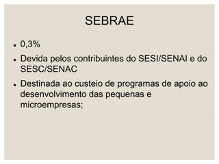 SEBRAE
 0,3%
 Devida pelos contribuintes do SESI/SENAI e do
SESC/SENAC
 Destinada ao custeio de programas de apoio ao
desenvolvimento das pequenas e
microempresas;
 