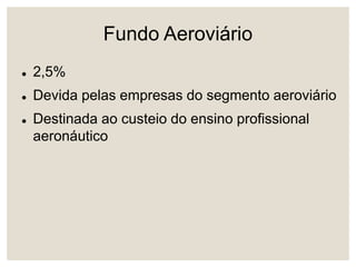 Fundo Aeroviário
 2,5%
 Devida pelas empresas do segmento aeroviário
 Destinada ao custeio do ensino profissional
aeronáutico
 