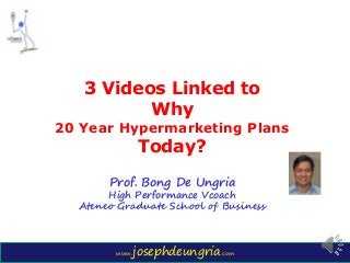 www.josephdeungria.com
3 Videos Linked to
Why
20 Year Hypermarketing Plans
Today?
Prof. Bong De Ungria
High Performance Vcoach
Ateneo Graduate School of Business
 