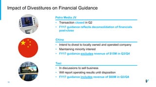 14
Impact of Divestitures on Financial Guidance
Petro Media JV
• Transaction closed in Q2
• FY17 guidance reflects deconsolidation of financials
post-close
China
• Intend to divest to locally owned and operated company
• Maintaining minority interest
• FY17 guidance excludes revenue of $15M in Q3/Q4
Taxi
• In discussions to sell business
• Will report operating results until disposition
• FY17 guidance includes revenue of $60M in Q3/Q4
 