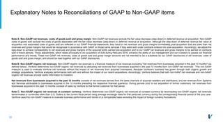 30
Explanatory Notes to Reconciliations of GAAP to Non-GAAP items
Note A: Non-GAAP net revenues, costs of goods sold and gross margin. Non-GAAP net revenues exclude the fair value decrease (step-down) in deferred revenue at acquisition. Non-GAAP
costs of goods sold exclude the costs of goods associated with the fair value decrease (step-down) in deferred revenue at acquisition. Although the step-down of deferred revenue fair value at
acquisition and associated costs of goods sold are reflected in our GAAP financial statements, they result in net revenues and gross margins immediately post-acquisition that are lower than net
revenues and gross margins that would be recognized in accordance with GAAP on those same services if they were sold under contracts entered into post-acquisition. Accordingly, we adjust the
step-down to achieve comparability to net revenues and gross margins of the acquired entity earned pre-acquisition and to our GAAP net revenues and gross margins to be earned on contracts
sold in future periods. These adjustments, which relate principally to our acquisition of AJB during February 2016, enhance the ability of our management and our investors to assess our financial
performance and trends. These non-GAAP net revenues, costs of goods sold and gross margin amounts are not intended to be a substitute for our GAAP disclosures of net revenues, costs of
goods sold and gross margin, and should be read together with our GAAP disclosures.
Note B: Non-GAAP organic net revenues. Non-GAAP organic net revenues is a financial measure of net revenues excluding "net revenues from businesses acquired in the past 12 months" (as
defined below). Verifone determines non-GAAP organic net revenues by deducting net revenues from businesses acquired in the past 12 months from non-GAAP net revenues. This non-GAAP
measure is used to evaluate Verifone net revenues without the impact of net revenues from acquired businesses. Because Verifone's business has grown through both organic growth and
strategic acquisitions, Verifone analyzes performance both with and without the impact of our recent acquisitions. Accordingly, Verifone believes that both non-GAAP net revenues and non-GAAP
organic net revenues provide useful information to investors.
Net revenues from businesses acquired in the past 12 months consists of net revenues derived from the sales channels of acquired resellers and distributors, and net revenues from Systems
and Services attributable to businesses acquired in the 12 months preceding the respective financial quarter(s). During periods prior to our acquisition of former customers, net revenues from
businesses acquired in the past 12 months consists of sales by Verifone to that former customer for that period.
Note C: Non-GAAP organic net revenues at constant currency. Verifone determines non-GAAP organic net revenues at constant currency by recomputing non-GAAP organic net revenues
denominated in currencies other than U.S. Dollars in the current fiscal period using average exchange rates for that particular currency during the corresponding financial period of the prior year.
Verifone uses this non-GAAP measure to evaluate business performance and trends on a comparable basis excluding the impact of foreign currency fluctuations.
 