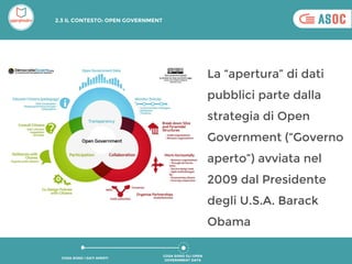 La “apertura” di dati
pubblici parte dalla
strategia di Open
Government (“Governo
aperto”) avviata nel
2009 dal Presidente
degli U.S.A. Barack
Obama
COSA SONO GLI OPEN
GOVERNMENT DATA
COSA SONO I DATI APERTI
2.3 IL CONTESTO: OPEN GOVERNMENT
 
