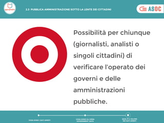 Possibilità per chiunque
(giornalisti, analisti o
singoli cittadini) di
verificare l’operato dei
governi e delle
amministrazioni
pubbliche.
QUAL È IL VALORE
DEI DATI APERTI
COSA SONO GLI OPEN
GOVERNMENT DATA
COSA SONO I DATI APERTI
2.3 PUBBLICA AMMINISTRAZIONE SOTTO LA LENTE DEI CITTADINI
 
