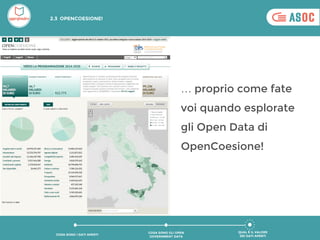QUAL È IL VALORE
DEI DATI APERTI
COSA SONO GLI OPEN
GOVERNMENT DATA
COSA SONO I DATI APERTI
2.3 OPENCOESIONE!
… proprio come fate
voi quando esplorate
gli Open Data di
OpenCoesione!
 