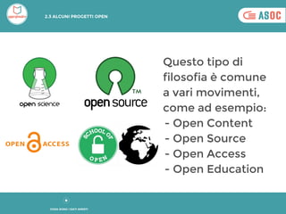 Questo tipo di
filosofia è comune
a vari movimenti,
come ad esempio:
- Open Content
- Open Source
- Open Access
- Open Education
COSA SONO I DATI APERTI
2.3 ALCUNI PROGETTI OPEN
 
