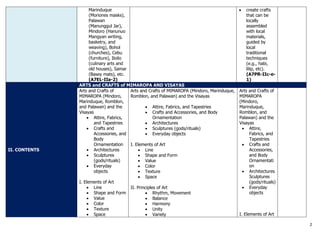 2
Marinduque
(Moriones masks),
Palawan
(Manunggul Jar),
Mindoro (Hanunuo
Mangyan writing,
basketry, and
weaving), Bohol
(churches), Cebu
(furniture), Iloilo
(culinary arts and
old houses), Samar
(Basey mats), etc.
(A7EL-IIa-2)
 create crafts
that can be
locally
assembled
with local
materials,
guided by
local
traditional
techniques
(e.g., habi,
lilip, etc).
(A7PR-IIc-e-
1)
II. CONTENTS
ARTS and CRAFTS of MIMAROPA AND VISAYAS
Arts and Crafts of
MIMAROPA (Mindoro,
Marinduque, Romblon,
and Palawan) and the
Visayas
 Attire, Fabrics,
and Tapestries
 Crafts and
Accessories, and
Body
Ornamentation
 Architectures
 Sculptures
(gods/rituals)
 Everyday
objects
I. Elements of Art
 Line
 Shape and Form
 Value
 Color
 Texture
 Space
Arts and Crafts of MIMAROPA (Mindoro, Marinduque,
Romblon, and Palawan) and the Visayas
 Attire, Fabrics, and Tapestries
 Crafts and Accessories, and Body
Ornamentation
 Architectures
 Sculptures (gods/rituals)
 Everyday objects
I. Elements of Art
 Line
 Shape and Form
 Value
 Color
 Texture
 Space
II. Principles of Art
 Rhythm, Movement
 Balance
 Harmony
 Unity
 Variety
Arts and Crafts of
MIMAROPA
(Mindoro,
Marinduque,
Romblon, and
Palawan) and the
Visayas
 Attire,
Fabrics, and
Tapestries
 Crafts and
Accessories,
and Body
Ornamentati
on
 Architectures
Sculptures
(gods/rituals)
 Everyday
objects
I. Elements of Art
 