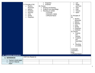3
II. Principles of Art
 Rhythm,
Movement
 Balance
 Emphasis
 Harmony
 Unity
 Variety
 Proportion
 Proportion
 Emphasis
III. Process
 Drawing and Painting
 Sculpture and Assemblage
 Mounting an exhibit:
3.1Concept
3.2Content / labels
3.3Physical layout
 Line
 Shape
and Form
 Value
 Color
 Texture
 Space
II. Principles of
Art
 Rhythm,
Movement
 Balance
 Harmony
 Unity
 Variety
 Proportion
 Emphasis
III. Process
 Drawing
and
Painting
 Sculpture
and
Assemblag
e
 Mounting
an exhibit:
3.1Concept
3.2Content /
labels
3.3Physical layout
III. LEARNING RESOURCES
A. REFERENCES
OHSP Arts Module Q1
1. Teacher’s Guide pages
2. Learner’s Material
pages
 