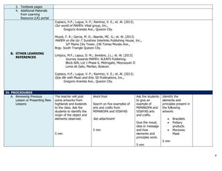 4
3. Textbook pages
4. Additional Materials
from Learning
Resource (LR) portal
B. OTHER LEARNING
REFERENCES
Copiaco, H.P.; Lugue, V. P.; Ramirez, V. E.; et. Al. (2013).
Our world of MAPEH. Vibal group, Inc.,
Gregorio Araneta Ave., Quezon City.
Muyot, F. R.; Garcia, M. D.; Baarde, MC. G.; et. Al. (2013)
MAPEH on the Go 7. Sunshine Interlinks Publishing House, Inc.,
3/F Maine City Tower, 236 Tomas Morato Ave.,
Brgy. South Triangle Quezon City.
Limjoco, M.F.; Lapuz, D. M.; Jeniebre, J.L.; et. Al. (2013)
Journey towards MAPEH. KLEAFS Publishing.
Block 609, Lot 1 Phase 6, Metrogate, Meycauyan II
Loma de Gato, Marilao, Bulacan.
Copiaco, H.P.; Lugue, V. P.; Ramirez, V. E.; et. Al. (2013).
Ejoy life with Music and Arts. SD Publications, Inc.,
Gregorio Araneta Ave., Quezon City.
IV. PROCEDURES
A. Reviewing Previous
Lesson or Presenting New
Lessons
The teacher will post
some artworks from
highlands and lowlands
to the class. Ask the
students to identify the
origin of the object and
elements observed.
5 min
Word Pool
Search on five examples of
arts and crafts from
MIMAROPA and VISAYAS
See attachment
5 min
Ask the students
to give an
example of
MIMAROPA and
VISAYAS arts
and crafts.
Give the mood,
idea or message
and how
elements and
principles work.
5 min
Identify the
elements and
principles present in
the following
artwork:
 Bracelets
 Pottery
products
 Moriones
Mask
5 min
 