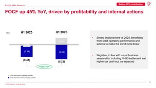 12
© 2026 Leonardo - Società per Azioni
FOCF up 45% YoY, driven by profitability and internal actions
(0.03)
0.24
(0.38) (0.48)
(0.41)
(0.23)
H1 2025 H1 2026
(€bn)
Cash flows used in operating activities
Cash flows from ordinary investing activities
Q 2 / H 1 2 0 2 6 R e s u l t s
Before IDV contribution
+45% YoY
• Strong improvement vs 2025, benefitting
from solid operating performance and
actions to make the trend more linear
• Negative, in line with usual business
seasonality, including NH90 settlement and
higher tax cash-out, as expected
 
