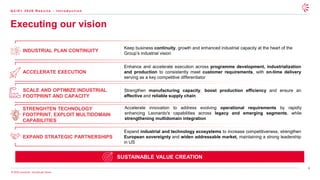 4
© 2026 Leonardo - Società per Azioni
Q 2 / H 1 2 0 2 6 R e s u l t s - I n t r o d u c t i o n
SUSTAINABLE VALUE CREATION
STRENGHTEN TECHNOLOGY
FOOTPRINT, EXPLOIT MULTIDOMAIN
CAPABILITIES
Accelerate innovation to address evolving operational requirements by rapidly
enhancing Leonardo's capabilities across legacy and emerging segments, while
strengthening multidomain integration
Executing our vision
EXPAND STRATEGIC PARTNERSHIPS
Expand industrial and technology ecosystems to increase competitiveness, strengthen
European sovereignty and widen addressable market, maintaining a strong leadership
in US
SCALE AND OPTIMIZE INDUSTRIAL
FOOTPRINT AND CAPACITY
Strengthen manufacturing capacity, boost production efficiency and ensure an
effective and reliable supply chain
Enhance and accelerate execution across programme development, industrialization
and production to consistently meet customer requirements, with on-time delivery
serving as a key competitive differentiator
ACCELERATE EXECUTION
Keep business continuity, growth and enhanced industrial capacity at the heart of the
Group’s industrial vision
INDUSTRIAL PLAN CONTINUITY
 