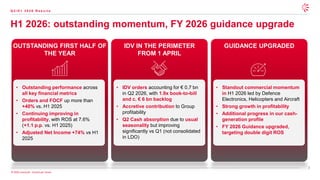 7
© 2026 Leonardo - Società per Azioni
H1 2026: outstanding momentum, FY 2026 guidance upgrade
IDV IN THE PERIMETER
FROM 1 APRIL
• IDV orders accounting for € 0.7 bn
in Q2 2026, with 1.9x book-to-bill
and c. € 6 bn backlog
• Accretive contribution to Group
profitability
• Q2 Cash absorption due to usual
seasonality but improving
significantly vs Q1 (not consolidated
in LDO)
GUIDANCE UPGRADED
• Standout commercial momentum
in H1 2026 led by Defence
Electronics, Helicopters and Aircraft
• Strong growth in profitability
• Additional progress in our cash-
generation profile
• FY 2026 Guidance upgraded,
targeting double digit ROS
OUTSTANDING FIRST HALF OF
THE YEAR
• Outstanding performance across
all key financial metrics
• Orders and FOCF up more than
+40% vs. H1 2025
• Continuing improving in
profitability, with ROS at 7.6%
(+1.1 p.p. vs. H1 2025)
• Adjusted Net Income +74% vs H1
2025
Q 2 / H 1 2 0 2 6 R e s u l t s
 