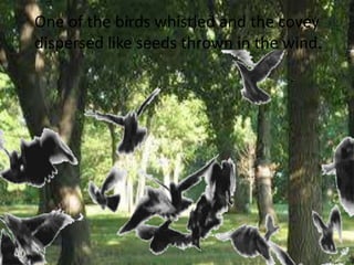 One of the birds whistled and the covey
dispersed like seeds thrown in the wind.
 
