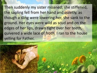 Then suddenly my sister moaned; she stiffened,
the sapling fell from her hand and quietly, as
though a sling were lowering her, she sank to the
ground. Her eyes were wild as scud and on the
edges of her lips, drawn tight over her teeth,
quivered a wide lace of froth. I ran to the house
yelling for Father.
 