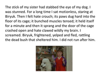 The stick of my sister had stabbed the eye of my dog. I
was stunned. For a long time I sat motionless, staring at
Biryuk. Then I felt hate crouch; its paws dug hard into the
floor of its cage; it bunched muscles tensed; it held itself
for a minute and then it sprang and the door of the cage
crashed open and hate clawed wildly my brain. I
screamed. Biryuk, frightened, yelped and fled, rattling
the dead bush that sheltered him. I did not run after him.
 