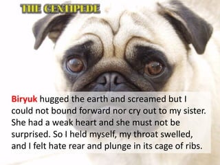 Biryuk hugged the earth and screamed but I
could not bound forward nor cry out to my sister.
She had a weak heart and she must not be
surprised. So I held myself, my throat swelled,
and I felt hate rear and plunge in its cage of ribs.
 