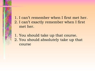 1. I can’t remember when I first met her.
2. I can’t exactly remember when I first
met her.
1. You should take up that course.
2. You should absolutely take up that
course
 