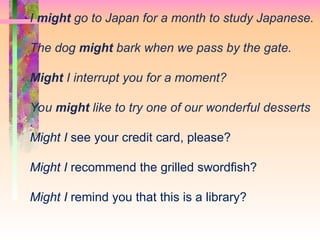I might go to Japan for a month to study Japanese.
The dog might bark when we pass by the gate.
Might I interrupt you for a moment?
You might like to try one of our wonderful desserts
.
Might I see your credit card, please?
Might I recommend the grilled swordfish?
Might I remind you that this is a library?
 