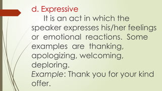 d. Expressive
It is an act in which the
speaker expresses his/her feelings
or emotional reactions. Some
examples are thanking,
apologizing, welcoming,
deploring.
Example: Thank you for your kind
offer.
 