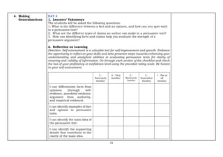 15
4. Making
Generalizations
DAY 4
1. Learners’ Takeaways
The students will be asked the following questions:
1. What is the difference between a fact and an opinion, and how can you spot each
in a persuasive text?
2. What are the different types of claims an author can make in a persuasive text?
3. How can identifying facts and claims help you evaluate the strength of a
persuasive argument?
2. Reflection on Learning
Direction: Self-assessment is a valuable tool for self-improvement and growth. Embrace
the opportunity to reflect on your skills and take proactive steps towards enhancing your
understanding and analytical abilities in evaluating persuasive texts for clarity of
meaning and validity of information. Go through each section of the checklist and check
the box of your proficiency or confidence level using the provided rating scale. Be honest
in your self-assessment.
5 -
Extremely
familiar
4 - Very
familiar
3 -
Moderately
familiar
2 -
Somewhat
familiar
1 - Not at
all
familiar
I can differentiate facts from
opinions (through self-
evidence, anecdotal evidence,
argument from authority,
and empirical evidence)
I can identify examples of fact
and opinion in persuasive
texts.
I can identify the main idea of
the persuasive text.
I can identify the supporting
details that contribute to the
clarity of the main idea.
 